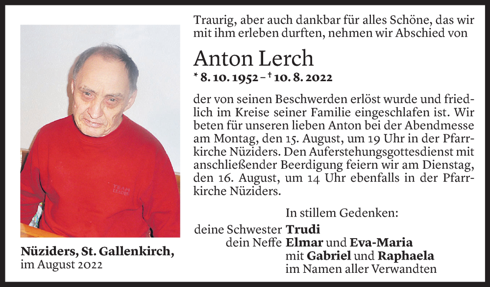  Todesanzeige für Anton Lerch vom 13.08.2022 aus vorarlberger nachrichten