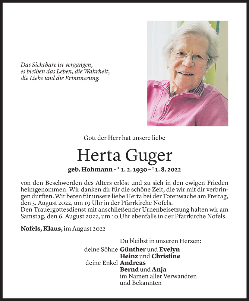  Todesanzeige für Herta Guger vom 02.08.2022 aus Vorarlberger Nachrichten