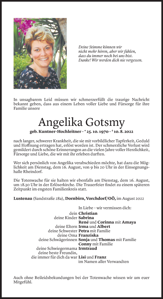 Todesanzeige von Angelika Gotsmy von vorarlberger nachrichten