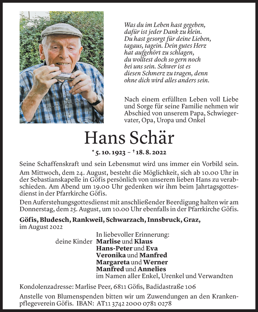  Todesanzeige für Hans Schär vom 22.08.2022 aus Vorarlberger Nachrichten