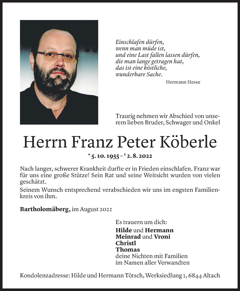  Todesanzeige für Franz Peter Köberle vom 05.08.2022 aus Vorarlberger Nachrichten
