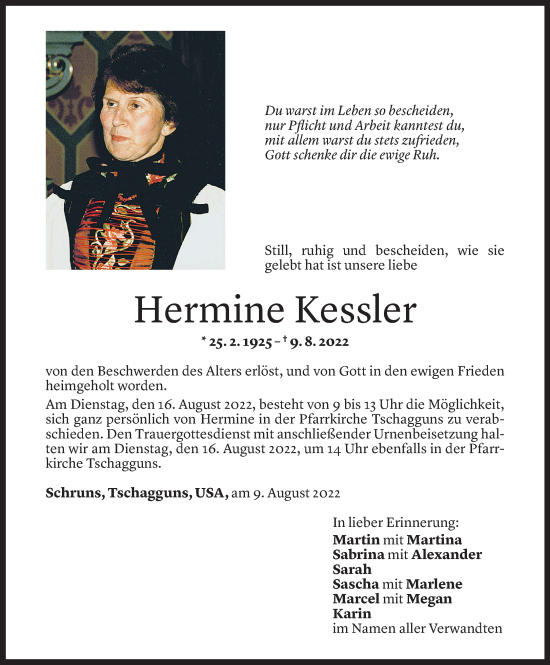 Todesanzeige von Hermine Kessler von vorarlberger nachrichten