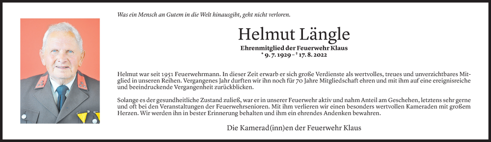  Todesanzeige für Helmut Längle vom 23.08.2022 aus Vorarlberger Nachrichten