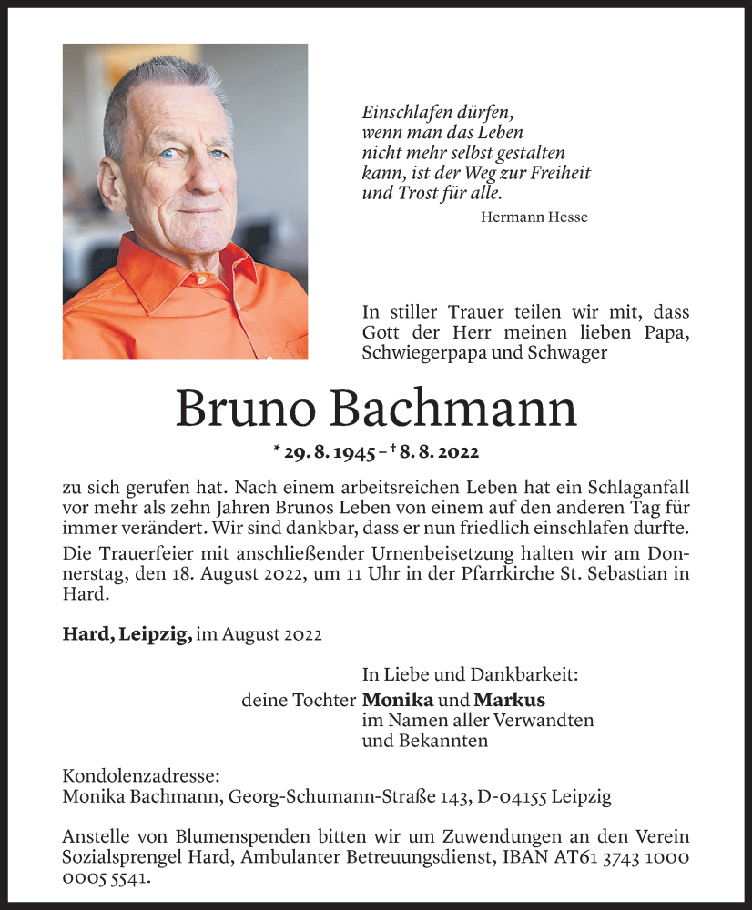  Todesanzeige für Bruno Bachmann vom 12.08.2022 aus Vorarlberger Nachrichten
