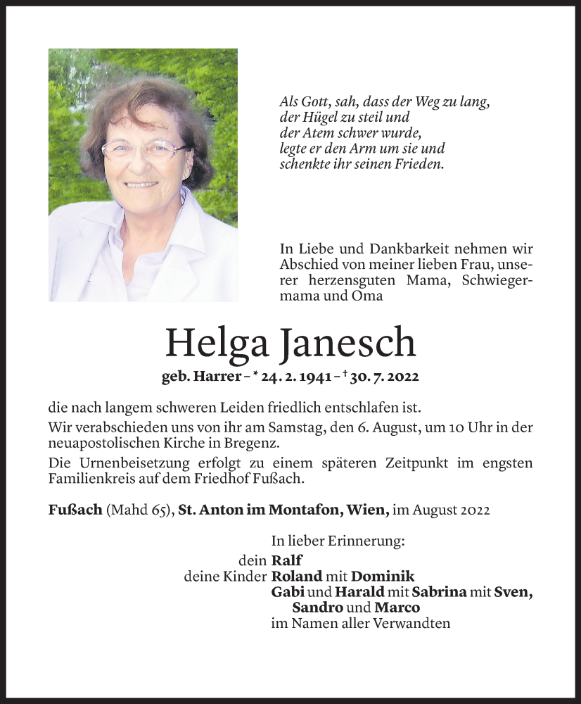  Todesanzeige für Helga Janesch vom 03.08.2022 aus Vorarlberger Nachrichten