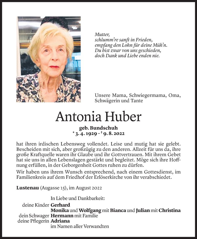  Todesanzeige für Antonia Huber vom 16.08.2022 aus vorarlberger nachrichten