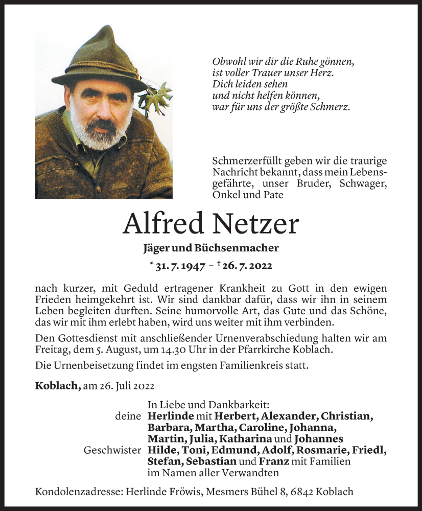  Todesanzeige für Alfred Netzer vom 03.08.2022 aus Vorarlberger Nachrichten
