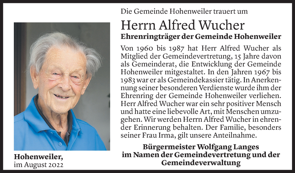  Todesanzeige für Alfred Wucher vom 24.08.2022 aus Vorarlberger Nachrichten