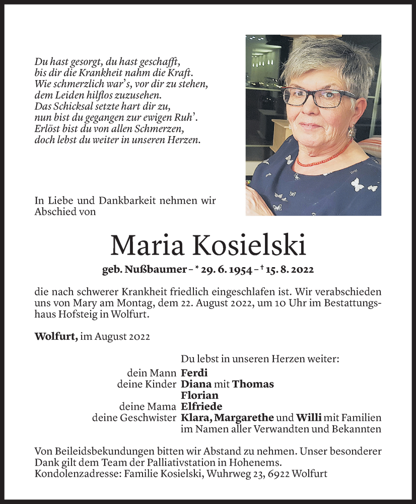  Todesanzeige für Maria Kosielski vom 17.08.2022 aus Vorarlberger Nachrichten