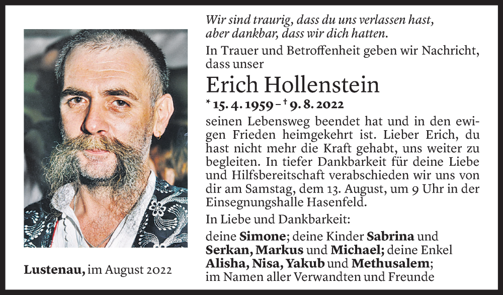  Todesanzeige für Erich Hollenstein vom 09.08.2022 aus vorarlberger nachrichten
