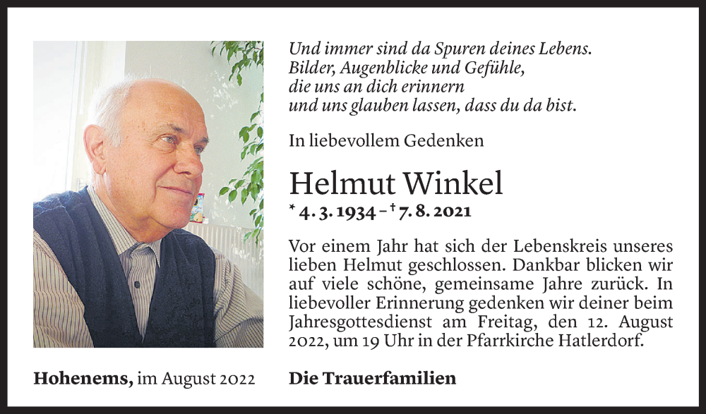  Todesanzeige für Helmut Winkel vom 05.08.2022 aus Vorarlberger Nachrichten