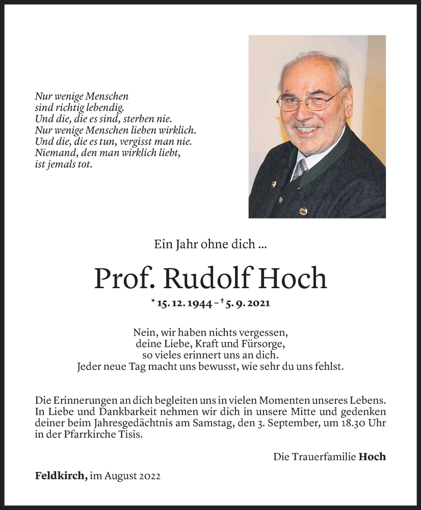  Todesanzeige für Rudolf Hoch vom 26.08.2022 aus Vorarlberger Nachrichten