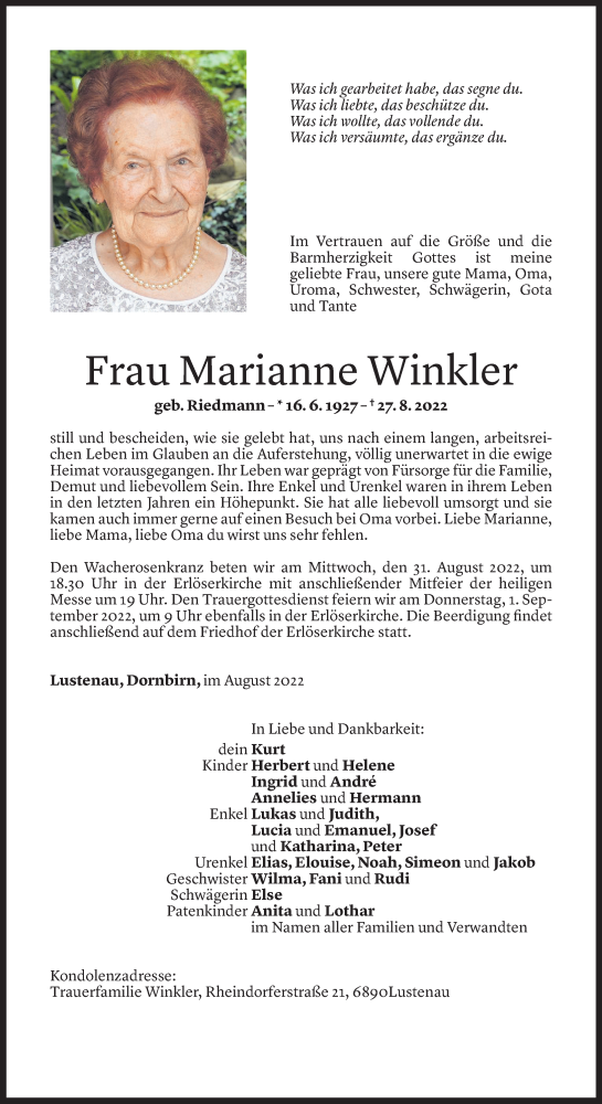 Todesanzeige von Marianne Winkler von Vorarlberger Nachrichten