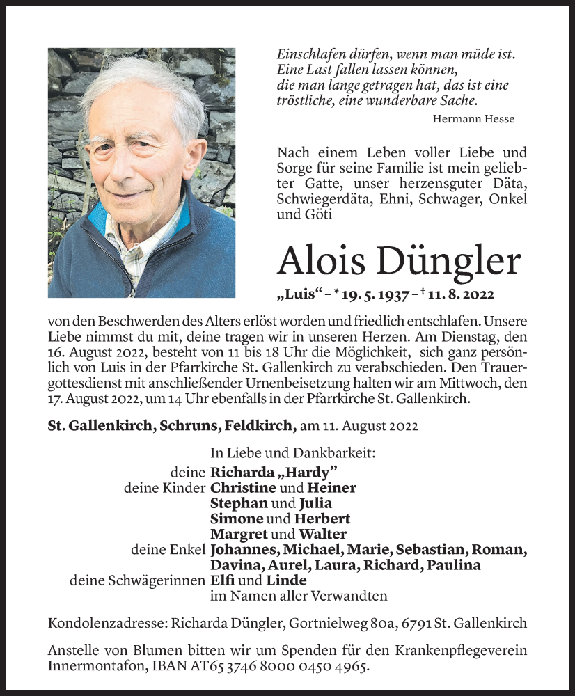  Todesanzeige für Alois Düngler vom 12.08.2022 aus vorarlberger nachrichten