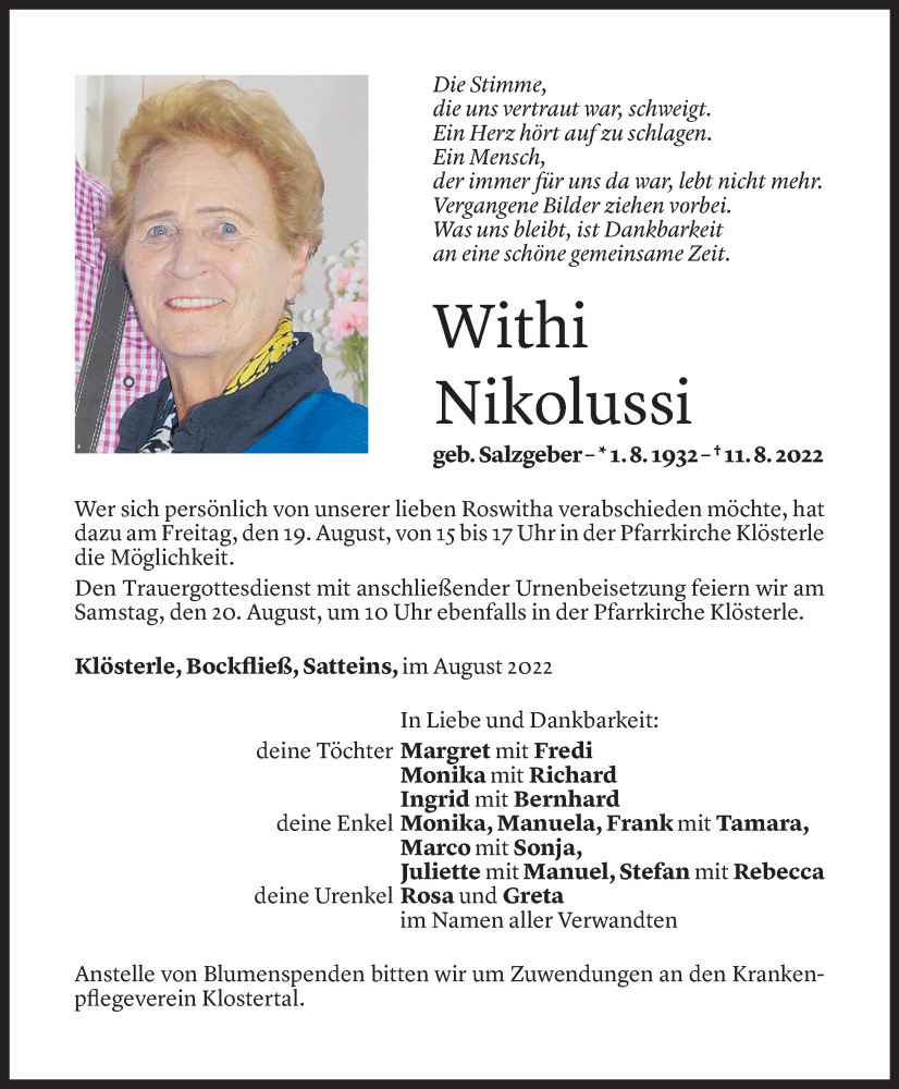  Todesanzeige für Withi Nikolussi vom 17.08.2022 aus Vorarlberger Nachrichten