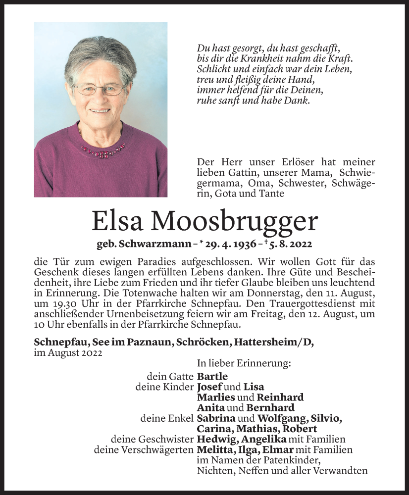  Todesanzeige für Elsa Moosbrugger vom 09.08.2022 aus Vorarlberger Nachrichten