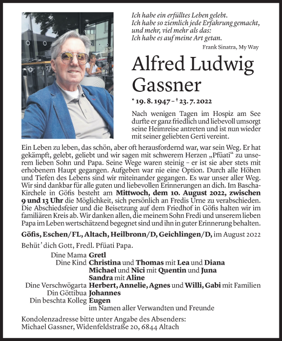 Todesanzeige von Alfred Ludwig Gassner von Vorarlberger Nachrichten