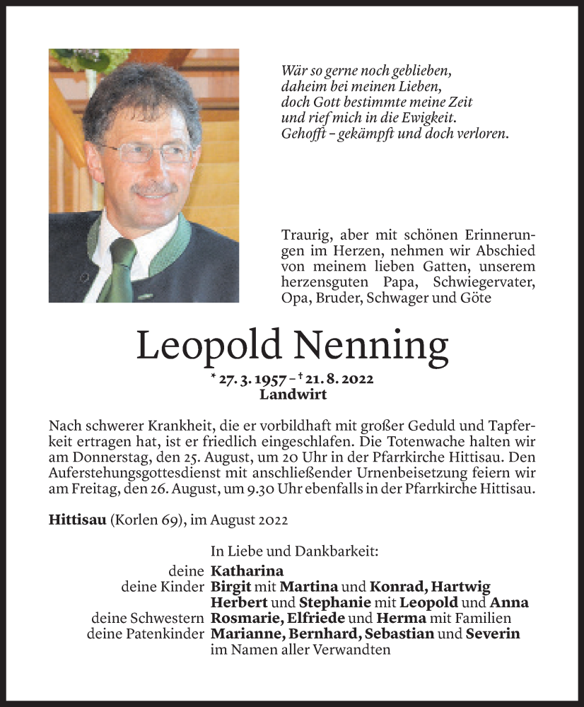  Todesanzeige für Leopold Nenning vom 24.08.2022 aus Vorarlberger Nachrichten