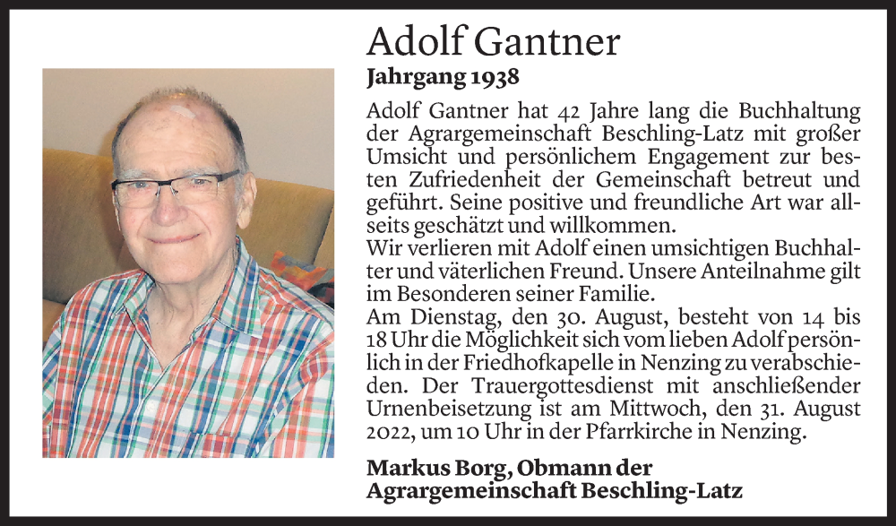  Todesanzeige für Adolf Gantner vom 29.08.2022 aus Vorarlberger Nachrichten
