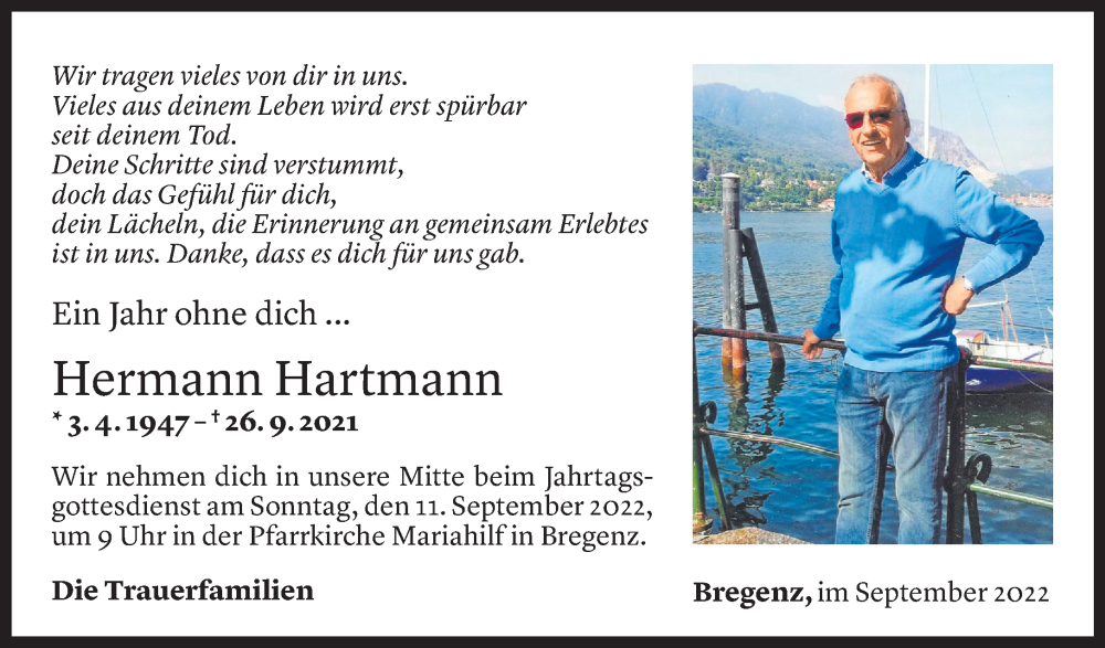  Todesanzeige für Hermann Hartmann vom 08.09.2022 aus Vorarlberger Nachrichten