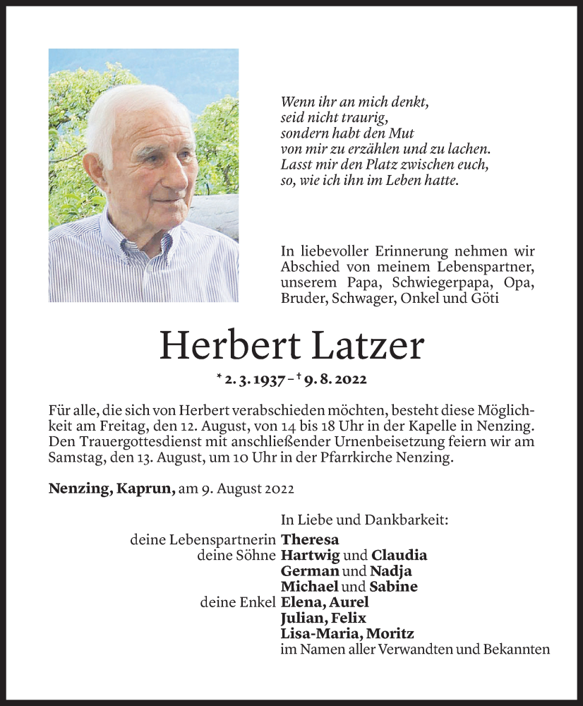  Todesanzeige für Herbert Latzer vom 10.08.2022 aus vorarlberger nachrichten