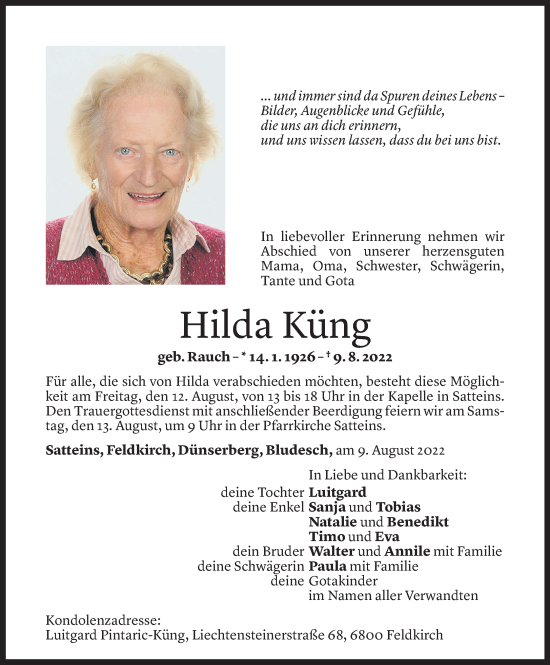 Todesanzeige von Hilda Küng von vorarlberger nachrichten