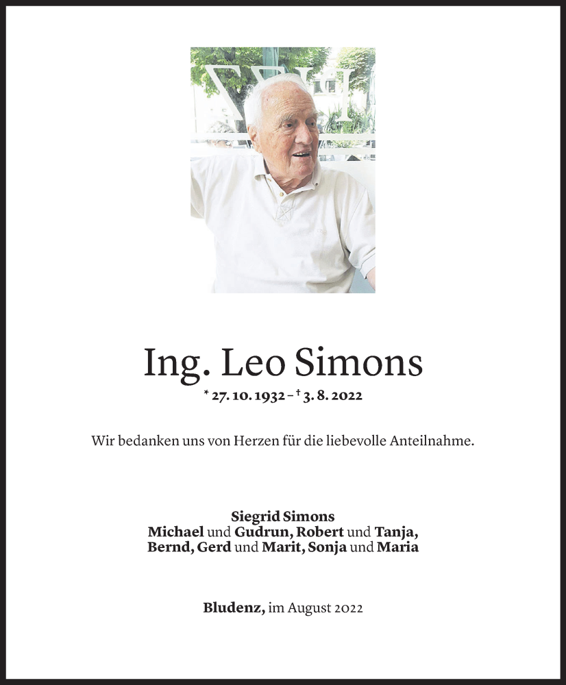  Todesanzeige für Leo Simons vom 27.08.2022 aus Vorarlberger Nachrichten
