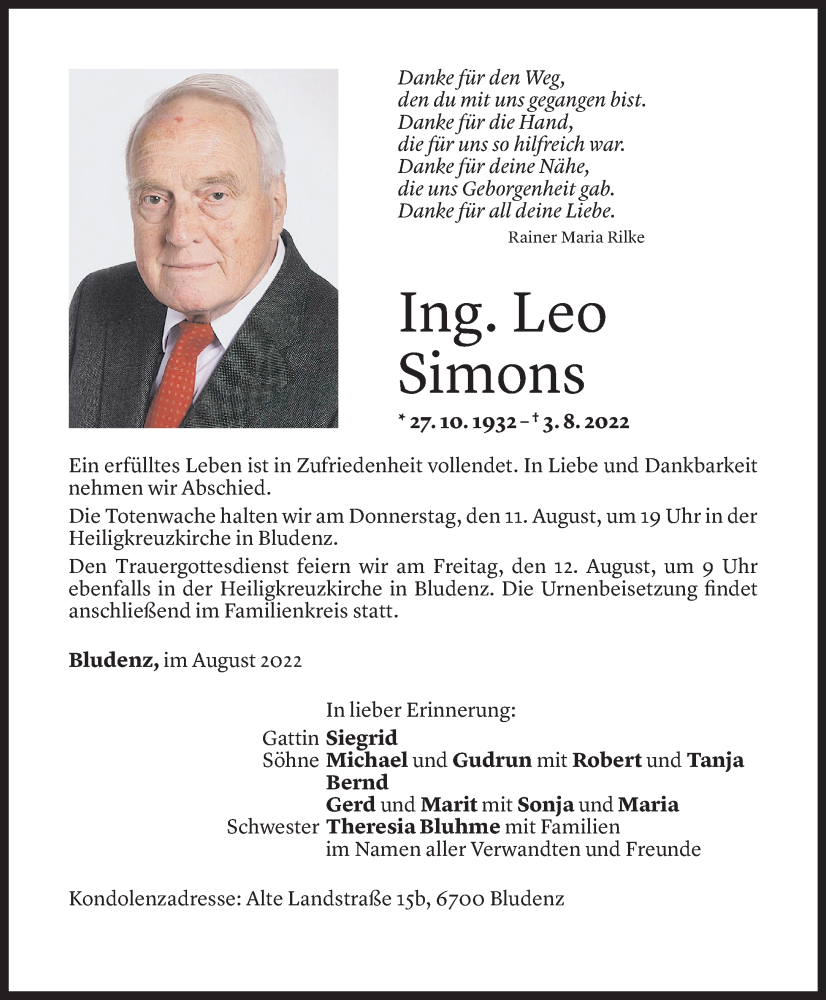  Todesanzeige für Leo Simons vom 06.08.2022 aus Vorarlberger Nachrichten