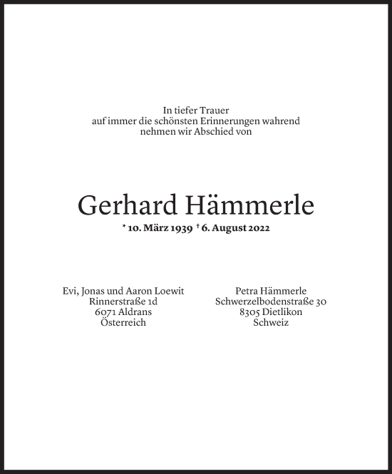 Todesanzeige von Gerhard Hämmerle von Vorarlberger Nachrichten