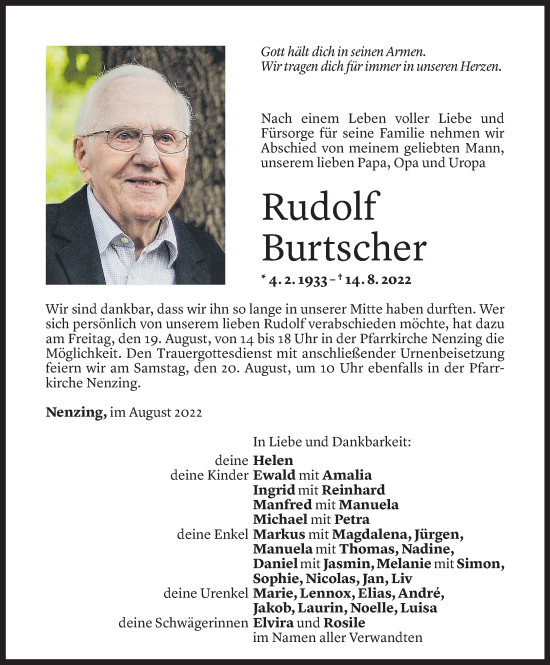 Todesanzeige von Rudolf Burtscher von Vorarlberger Nachrichten