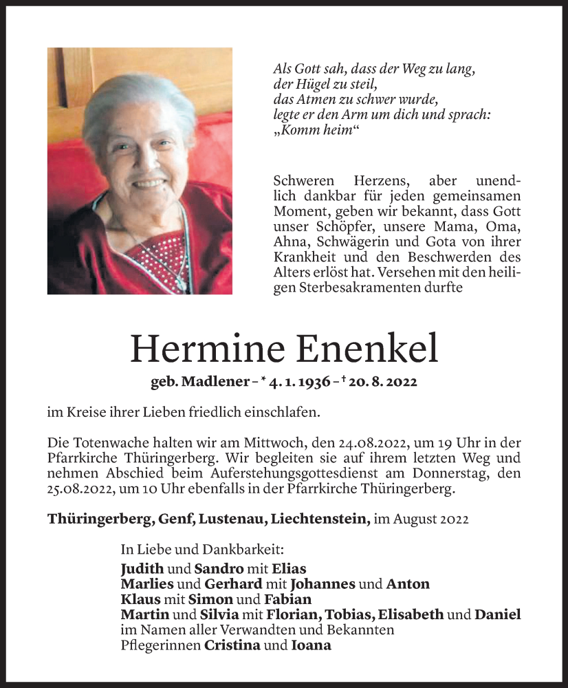  Todesanzeige für Hermine Enenkel vom 23.08.2022 aus Vorarlberger Nachrichten