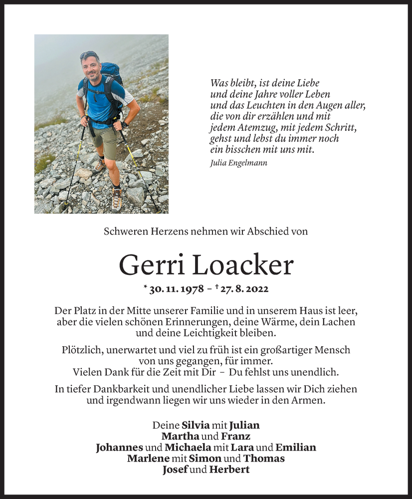  Todesanzeige für Gerhard Loacker vom 31.08.2022 aus Vorarlberger Nachrichten