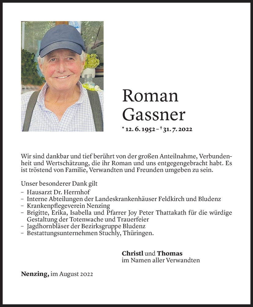  Todesanzeige für Roman Gassner vom 19.08.2022 aus Vorarlberger Nachrichten