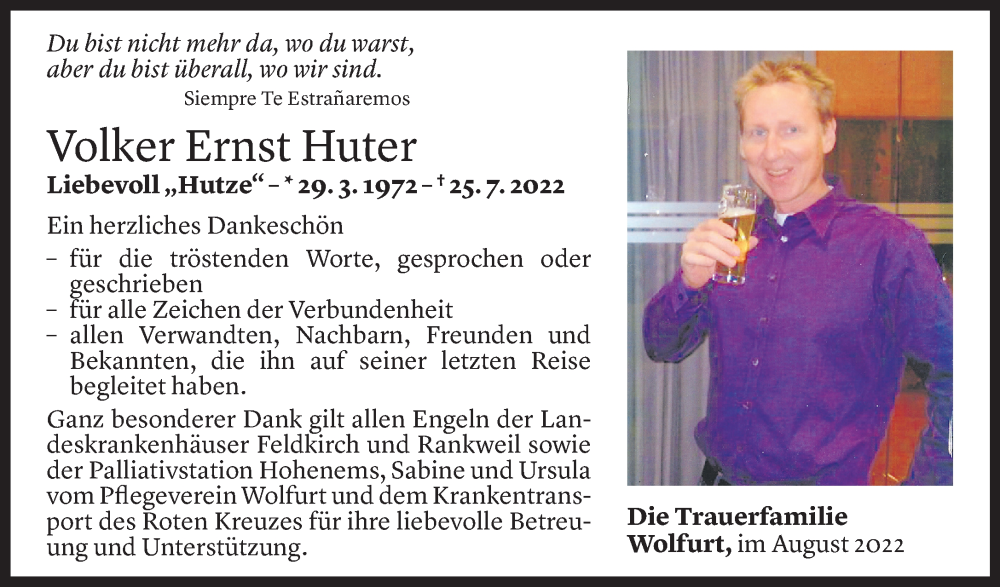  Todesanzeige für Volker Huter vom 19.08.2022 aus Vorarlberger Nachrichten