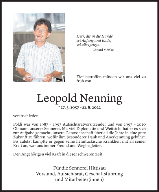 Todesanzeige von Leopold Nenning von Vorarlberger Nachrichten