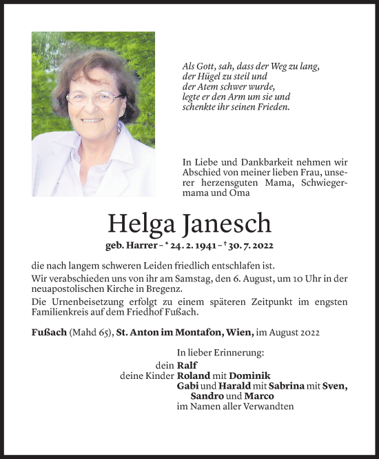 Todesanzeige von Helga Janesch von Vorarlberger Nachrichten