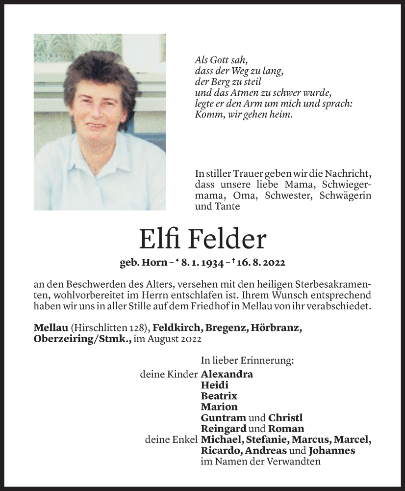  Todesanzeige für Elfi Felder vom 20.08.2022 aus Vorarlberger Nachrichten