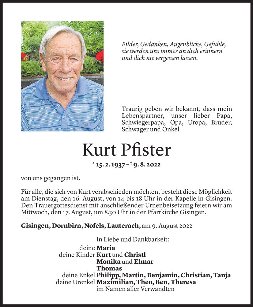  Todesanzeige für Kurt Pfister vom 12.08.2022 aus vorarlberger nachrichten