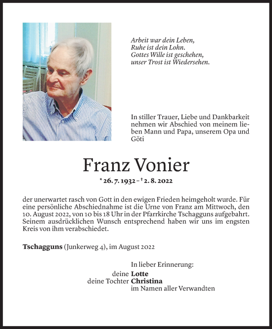 Todesanzeige von Franz Vonier von Vorarlberger Nachrichten