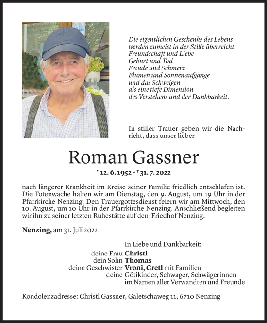 Todesanzeige von Roman Gassner von Vorarlberger Nachrichten
