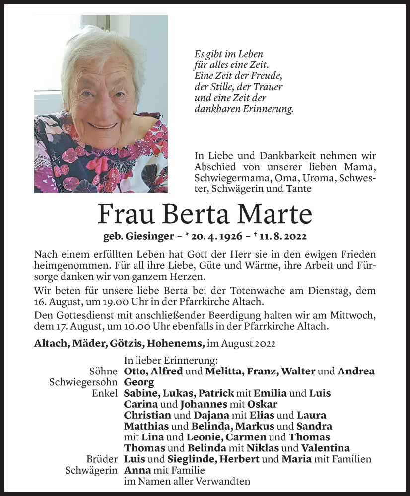  Todesanzeige für Berta Marte vom 13.08.2022 aus Vorarlberger Nachrichten