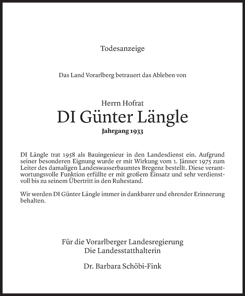  Todesanzeige für Günter Längle vom 10.08.2022 aus vorarlberger nachrichten