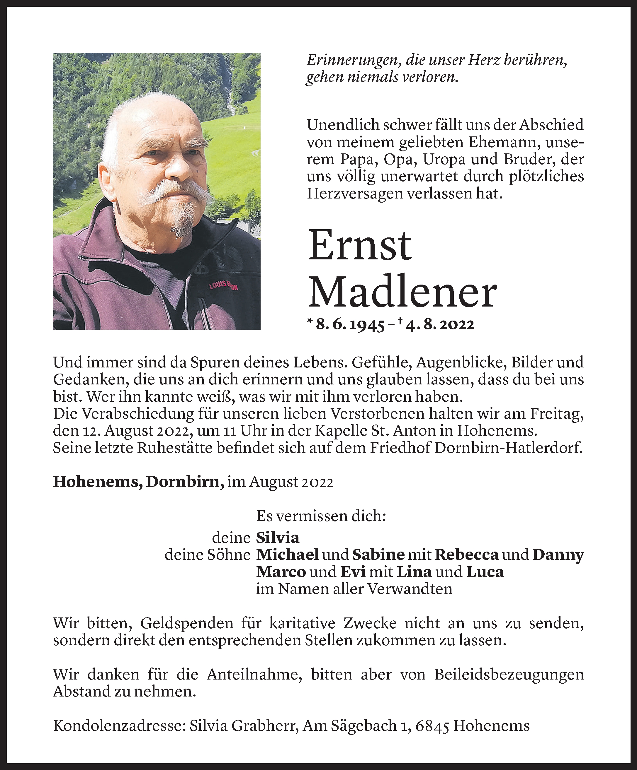  Todesanzeige für Ernst Madlener vom 09.08.2022 aus Vorarlberger Nachrichten