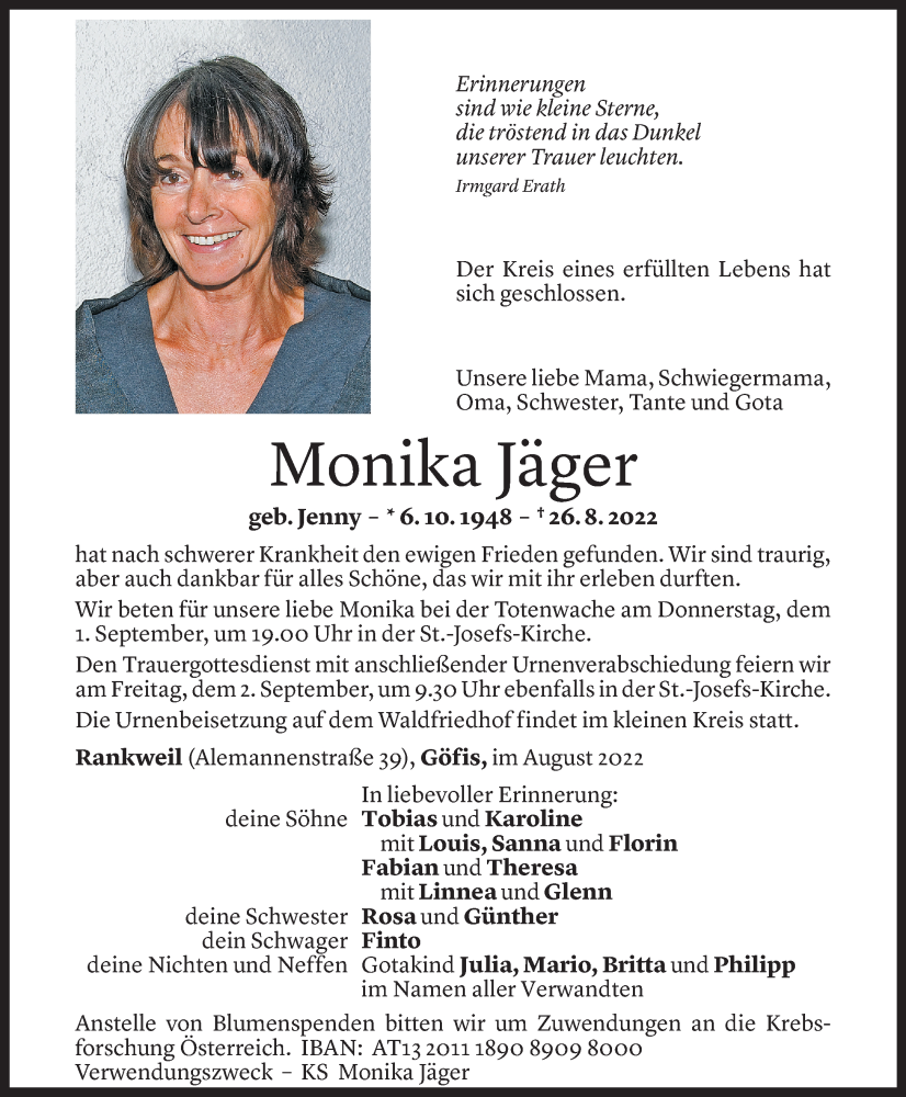  Todesanzeige für Monika Jäger vom 31.08.2022 aus Vorarlberger Nachrichten