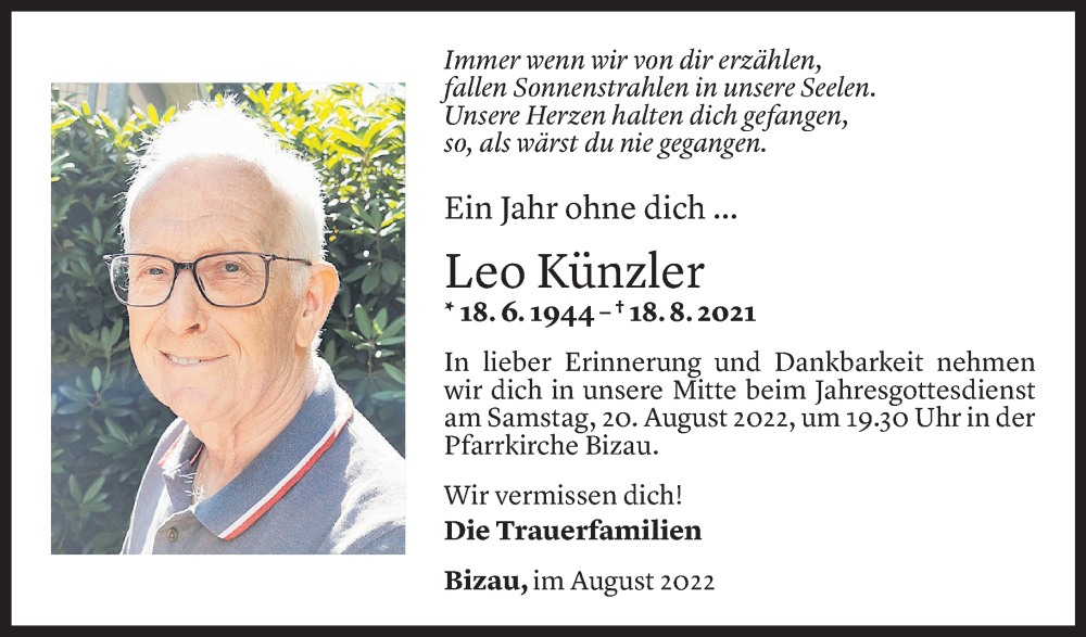  Todesanzeige für Leo Künzler vom 15.08.2022 aus Vorarlberger Nachrichten