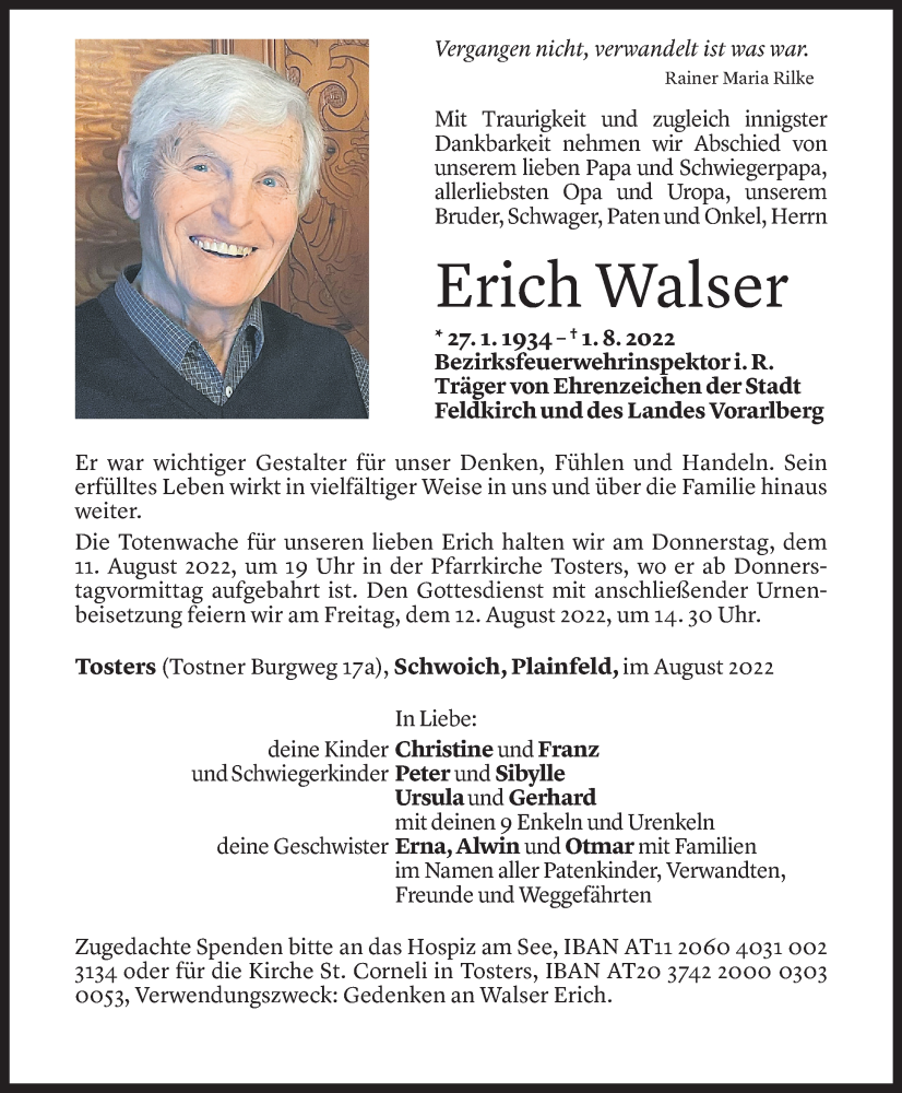  Todesanzeige für Erich Walser vom 08.08.2022 aus Vorarlberger Nachrichten