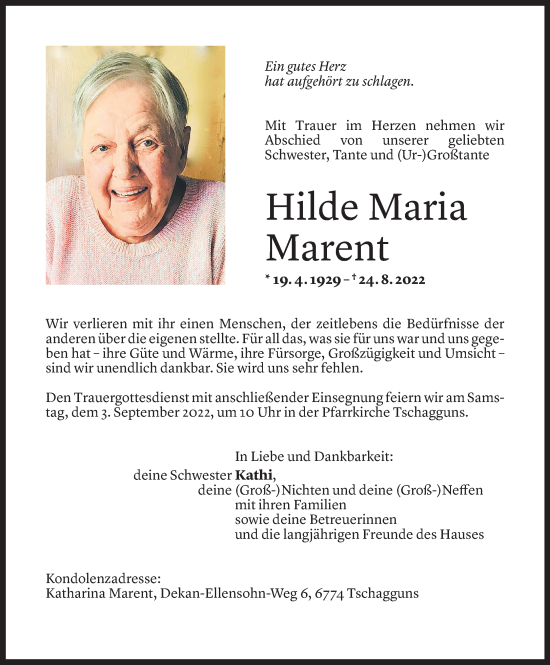 Todesanzeige von Hilde Marent von Vorarlberger Nachrichten
