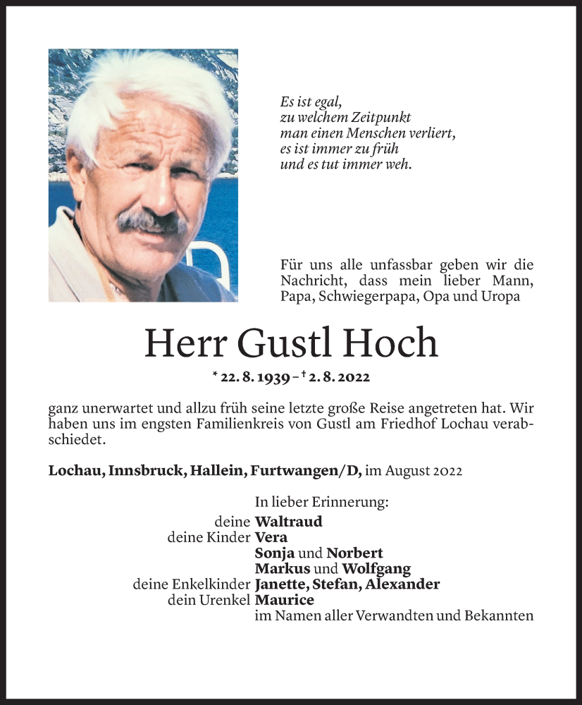  Todesanzeige für Gustl Hoch vom 12.08.2022 aus Vorarlberger Nachrichten