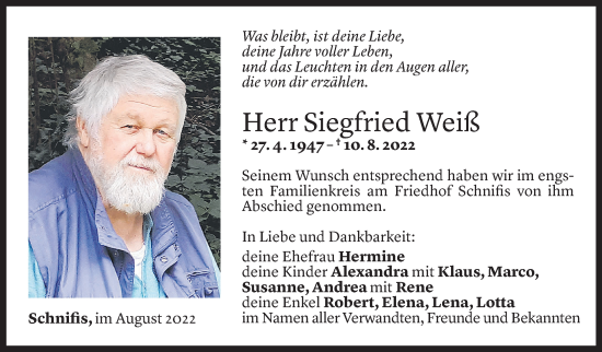 Todesanzeige von Siegfried Weiß von Vorarlberger Nachrichten