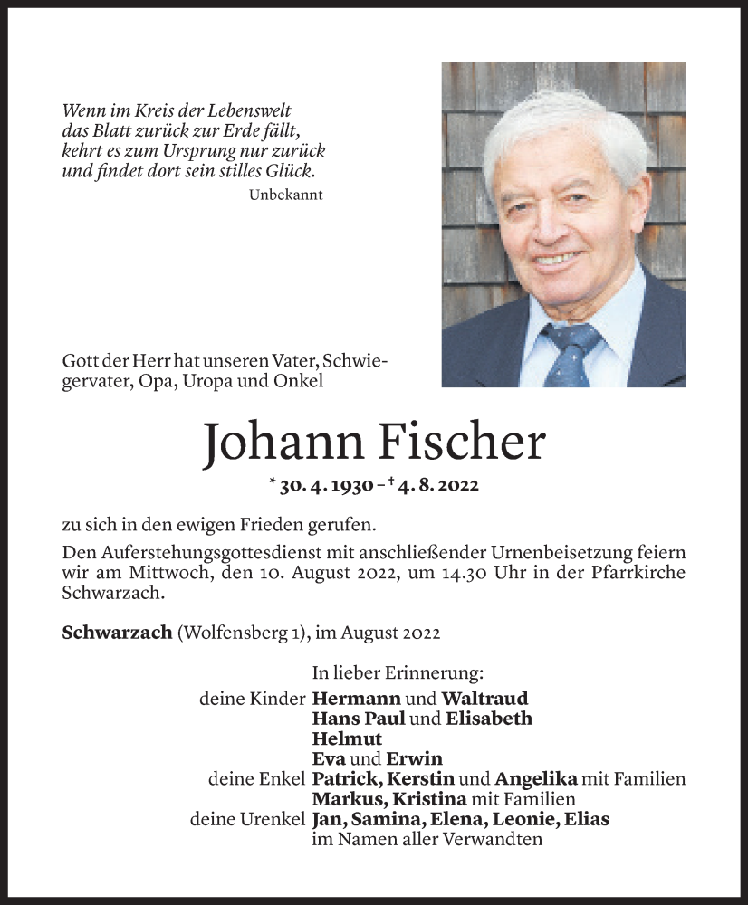  Todesanzeige für Johann Fischer vom 07.08.2022 aus Vorarlberger Nachrichten